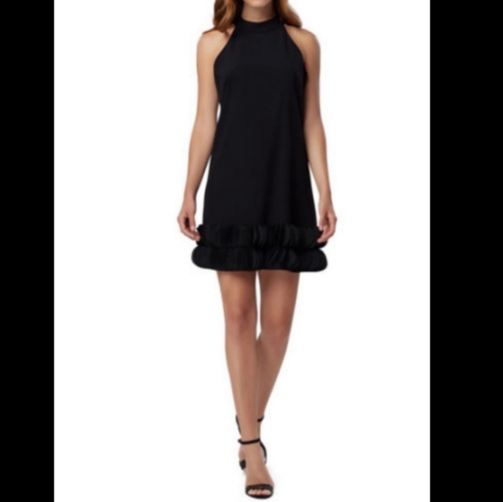Tahari AS Levine Black Halter Sleeveless Mini Shift Dress, Crepe Scallop Hem, 10